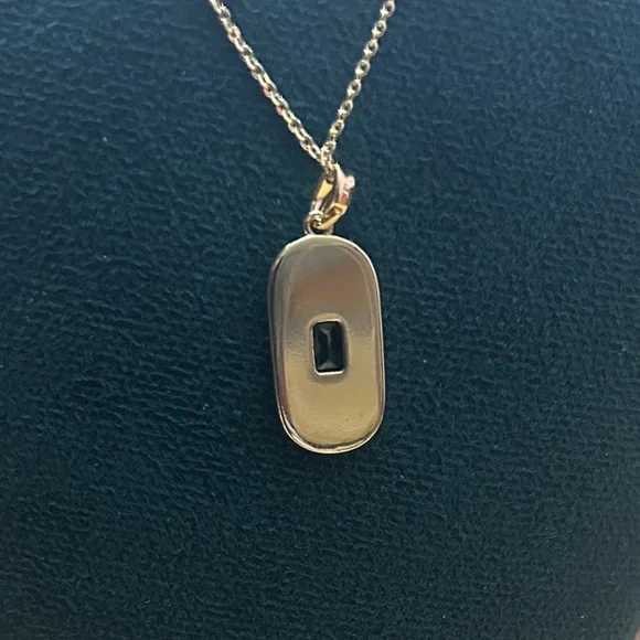 Gold Plated Elongated Dog Tag with Mother of Pearl Center & Emerald Color Stone - Picture 3 of 4